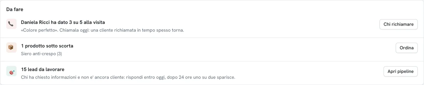 La lista Da fare: una cliente con voto 3 su 5 da richiamare, un prodotto sotto scorta, 15 lead da lavorare